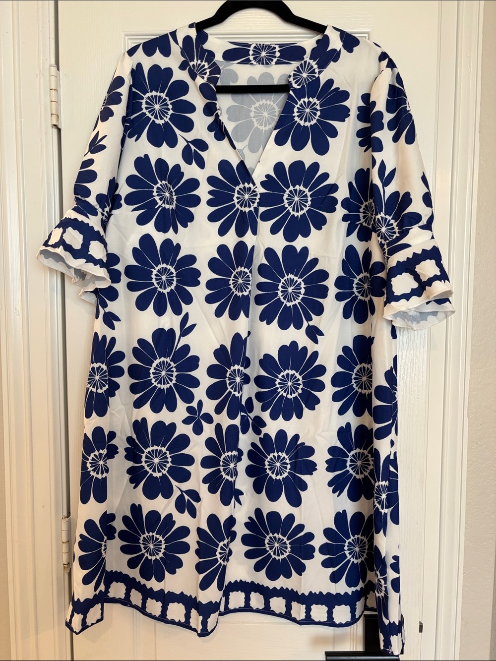 White and Navy Floral Midi Dress - Classic V-Neck